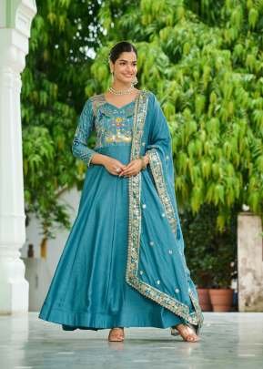 Designer Anarkali Gown Vichitra Silk With Embroidery Rich Sequence Work Teal Blue Color LW DN 9299