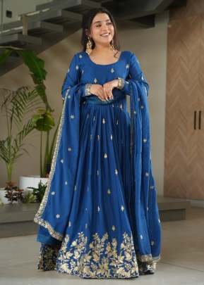 Designer Anarkali Gown Chinnon With Embroidery Sequence Work Blue Color KA DN 1166