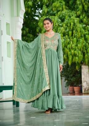 Designer Anarkali Gown With Rich Zari And Thread Embroidery Work In Vichitra Silk Fabric Pista Green DN 9268