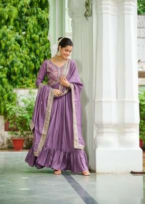 Designer Anarkali Gown With Rich Zari And Thread Embroidery Work In Vichitra Silk Fabric Lavender DN 9268