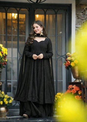 Designer Anarkali Sharara Dupatta Set Faux Blooming With Heavy Embroidered Work Black Color LFH TD DN 6107