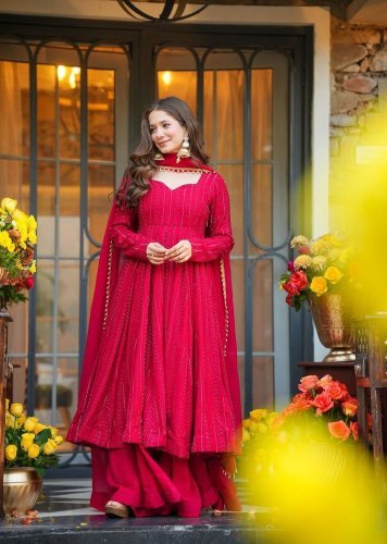 Designer Anarkali Sharara Dupatta Set Faux Blooming With Heavy Embroidered Work Pink Color LFH TD DN 6107