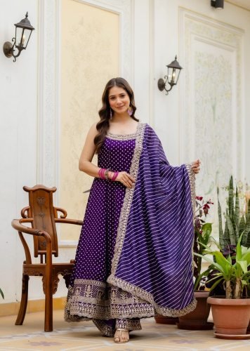 Designer Bandhani Vichitra Silk Gown Featuring Heavy Embroidery And Real Mirror Work with Micro Cotton Inner Purple Color RR DN 46