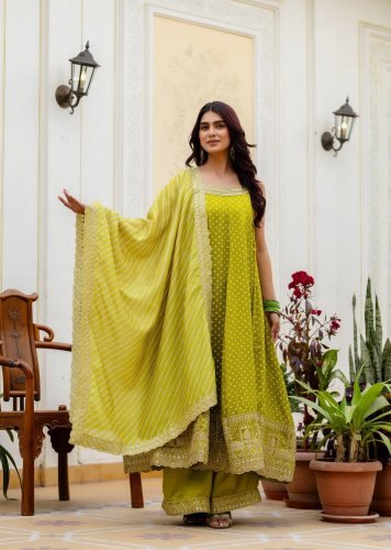 Designer Bandhani Vichitra Silk Gown Featuring Heavy Embroidery And Real Mirror Work with Micro Cotton Inner Pista Green Color RR DN 46