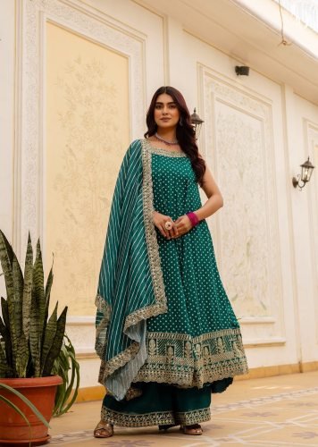 Designer Bandhani Vichitra Silk Gown Featuring Heavy Embroidery And Real Mirror Work with Micro Cotton Inner Bottle Green Color RR DN 46