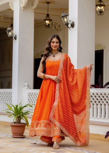 Designer Bandhani Vichitra Silk Gown Featuring Heavy Embroidery And Real Mirror Work with Micro Cotton Inner Orange Color RR DN 46