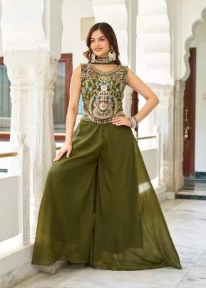 Designer Blouse Palazzo With Dupatta Star Georgette With Sequence And Embroidery Work Indo Western Mehndi Color RM DN 107