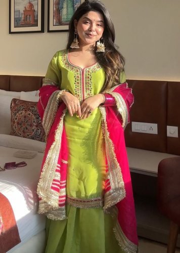Designer Butterfly Sharara Suit Organza Silk Multi Zari Thread Embroidered Work Green Color LFH TD DN 6061