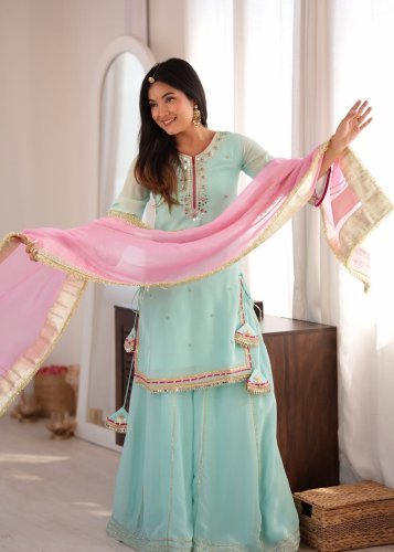 Designer Butterfly Sharara Suit Organza Silk Multi Zari Thread Embroidered Work Sky Color LFH TD DN 6061