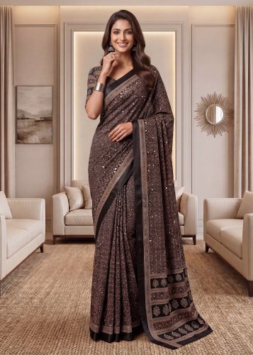 Designer Chinon Silk Digital Ajrak Print Saree With Real Mirror Black Color DN 5176