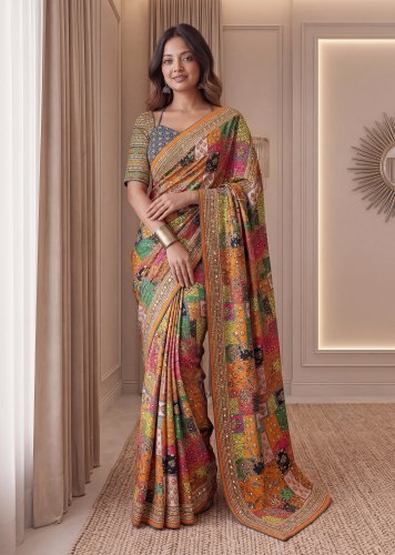 Designer Chinon Silk Digital Ajrak Print Saree With Real Mirror Multi Color DN 5176