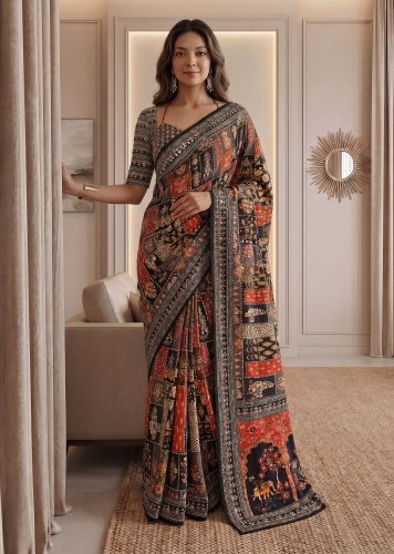 Designer Chinon Silk Digital Ajrak Print Saree With Real Mirror Black And Orange Color DN 5176