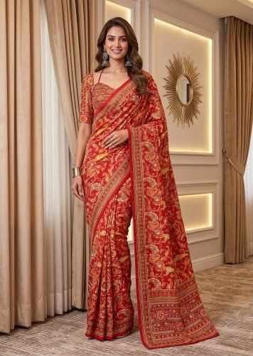 Designer Chinon Silk Digital Ajrak Print Saree With Real Mirror Rust Red Color DN 5176