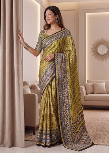 Designer Chinon Silk Digital Ajrak Print Saree With Real Mirror Mustard Yellow Color DN 5176
