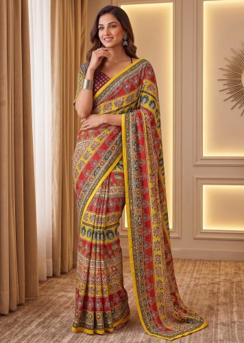 Designer Chinon Silk Digital Ajrak Print Saree With Real Mirror Yellow And Red Color DN 5176