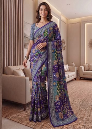 Designer Chinon Silk Digital Ajrak Print Saree With Real Mirror Purple Color DN 5176