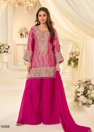 Sayuri Designer Jacquard Beads Collection With Heavy Pure Jacquard Silk  And Embroidery Palazzo Suit Magenta Pink Color DN 10308