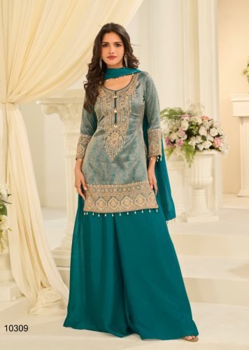 Designer Collection With Heavy Pure Jecquard Silk  And Embrodari  Bids Work Palazzo Dupatta Set Turquoise Blue  Color DN 103089