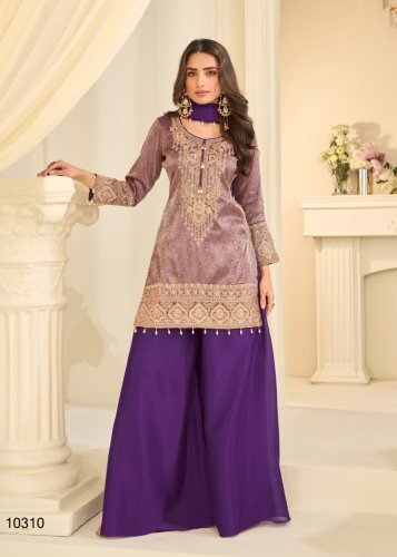 Sayuri Designer Jacquard Beads Collection With Heavy Pure Jacquard Silk  And Embroidery Palazzo Suit Dark Purple Color DN 10310