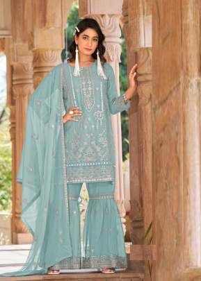 Designer Embroidered Palazzo Suit With Real Hand Mirror Work Turquoise Blue Color  DN 1316