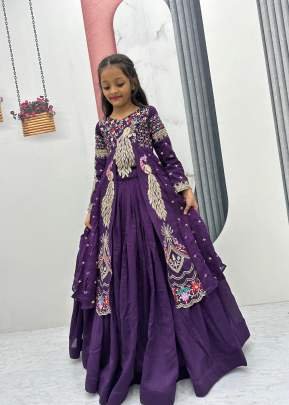 Designer Festival Special Kids Wear With Heavy Thread And Sequence Work In Pure Vichitra Fabric Purple Color DN 528