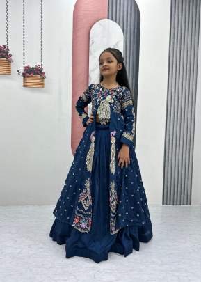 Designer Festival Special Kids Wear With Heavy Thread And Sequence Work In Pure Vichitra Fabric Navy Blue Color DN 528