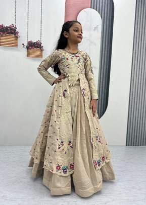 Designer Festival Special Kids Wear With Heavy Thread And Sequence Work In Pure Vichitra Fabric Beige Color DN 528