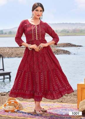 Designer Flair 14 Kg Rayon Foil Print With Handwork Anarkali Kurti Red Color DN 1001