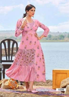 Designer Flair 14 Kg Rayon Foil Print With Handwork Anarkali Kurti Pink Color DN 1006