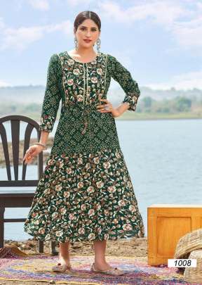 Designer Flair 14 Kg Rayon Foil Print With Handwork Anarkali Kurti Green Color DN 1008