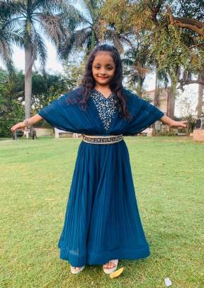 Designer Handwork And Real Khatli Work Kids Gown Blue color PC DN 74