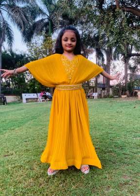 Designer Handwork And Real Khatli Work Kids Gown Yellow color PC DN 74