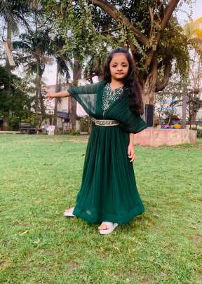 Designer Handwork And Real Khatli Work Kids Gown Green Color PC DN 74