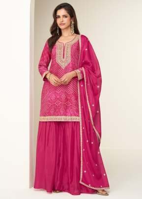 Designer Heavy Chinon Digital Print With Embroidery Coding Sequence Work Palazzo Suit Pink Color DN 10415