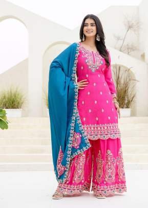 Designer Heavy Chinon Silk Intricate Embroidery With Coding And Sequence Work Palazzo Suit Pink Color DN 5129