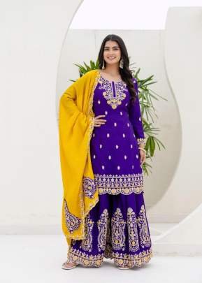 Designer Heavy Chinon Silk Intricate Embroidery With Coding And Sequence Work Palazzo Suit Purple Color DN 5129