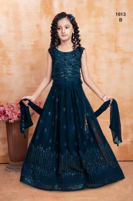 Designer Heavy Faux Georgette With Multi Tread And Embroidery Work Kids Lehenga Choli Dark Ocean Blue Color DN 1613