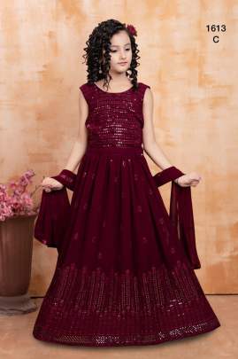 Designer Heavy Faux Georgette With Multi Tread And Embroidery Work Kids Lehenga Choli Maroon Color DN 1613