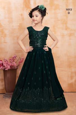 Designer Heavy Faux Georgette With Multi Tread And Embroidery Work Kids Lehenga Choli Dark Green Color DN 1613