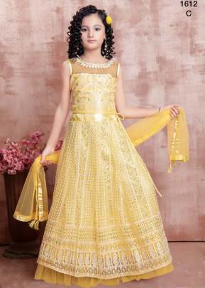 Designer Heavy Soft Net With Finest Embroidery Stich Work Kids Lehenga Choli Yellow Color DN 1612