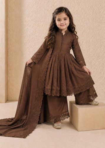 Designer Kids Gown Set Heavy Roman Silk With Embroidery Work Brown Color LFH OC DN 251