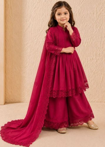 Designer Kids Gown Set Heavy Roman Silk With Embroidery Work Maroon Color LFH OC DN 251
