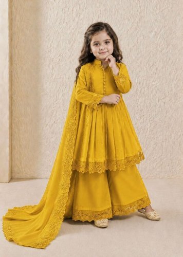 Designer Kids Gown Set Heavy Roman Silk With Embroidery Work Mustard Yellow Color LFH OC DN 251