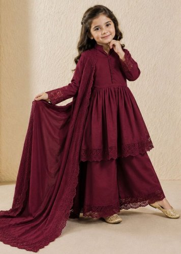 Designer Kids Gown Set Heavy Roman Silk With Embroidery Work  Magenta Color LFH OC DN 251