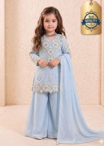 Designer Kids Kurta Palazzo Dupatta Set Heavy Fox Georgette Embroidery Sequence Work Sky Blue Color LFH OC DN 247