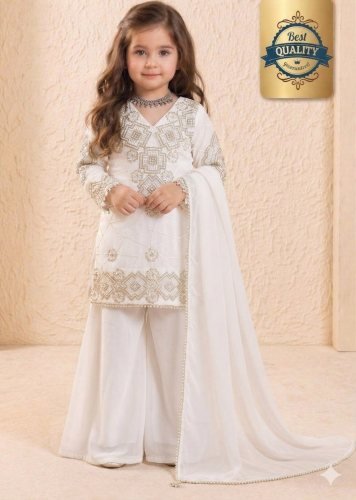 Designer Kids Kurta Palazzo Dupatta Set Heavy Fox Georgette Embroidery Sequence Work White Color LFH OC DN 247