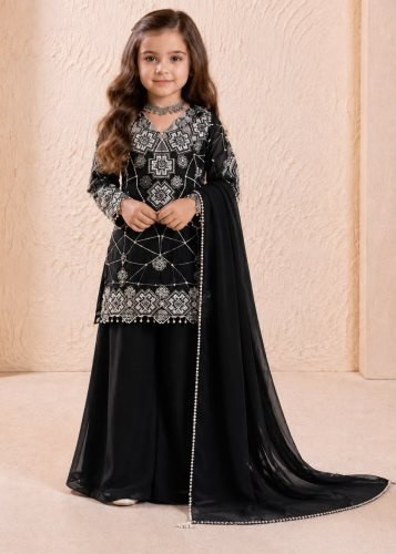 Designer Kids Kurta Palazzo Dupatta Set Heavy Fox Georgette Embroidery Sequence Work Black Color LFH OC DN 247