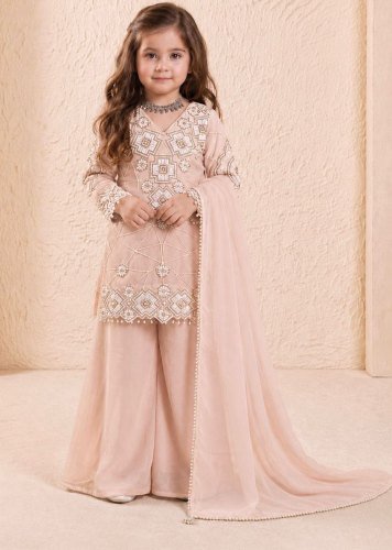 Designer Kids Kurta Palazzo Dupatta Set Heavy Fox Georgette Embroidery Sequence Work Peach Color LFH OC DN 247