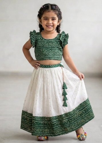 Designer Kids Lehenga Choli Pure Natural Silk With The All Over Zari Work Green And White Color LFH HK DN 286