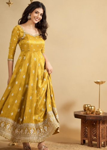 Designer Latest  Cosmo Silk With Heavy Embroidered Thread Sequence Work Anarkali Gown Mustard Yellow  LFH TD DN 6071